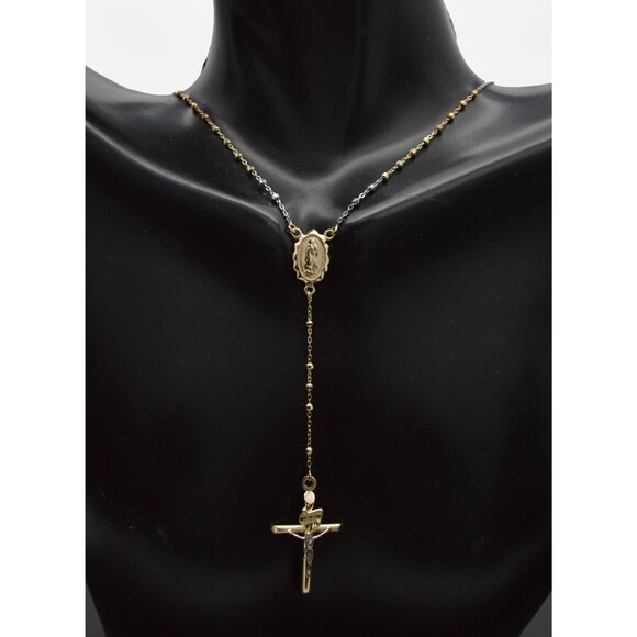 Real 10K Tricolor Gold Rosary Mary Guadalupe Jesus Cross Necklace 3.7gr 18"-24" - Picture 2 of 4